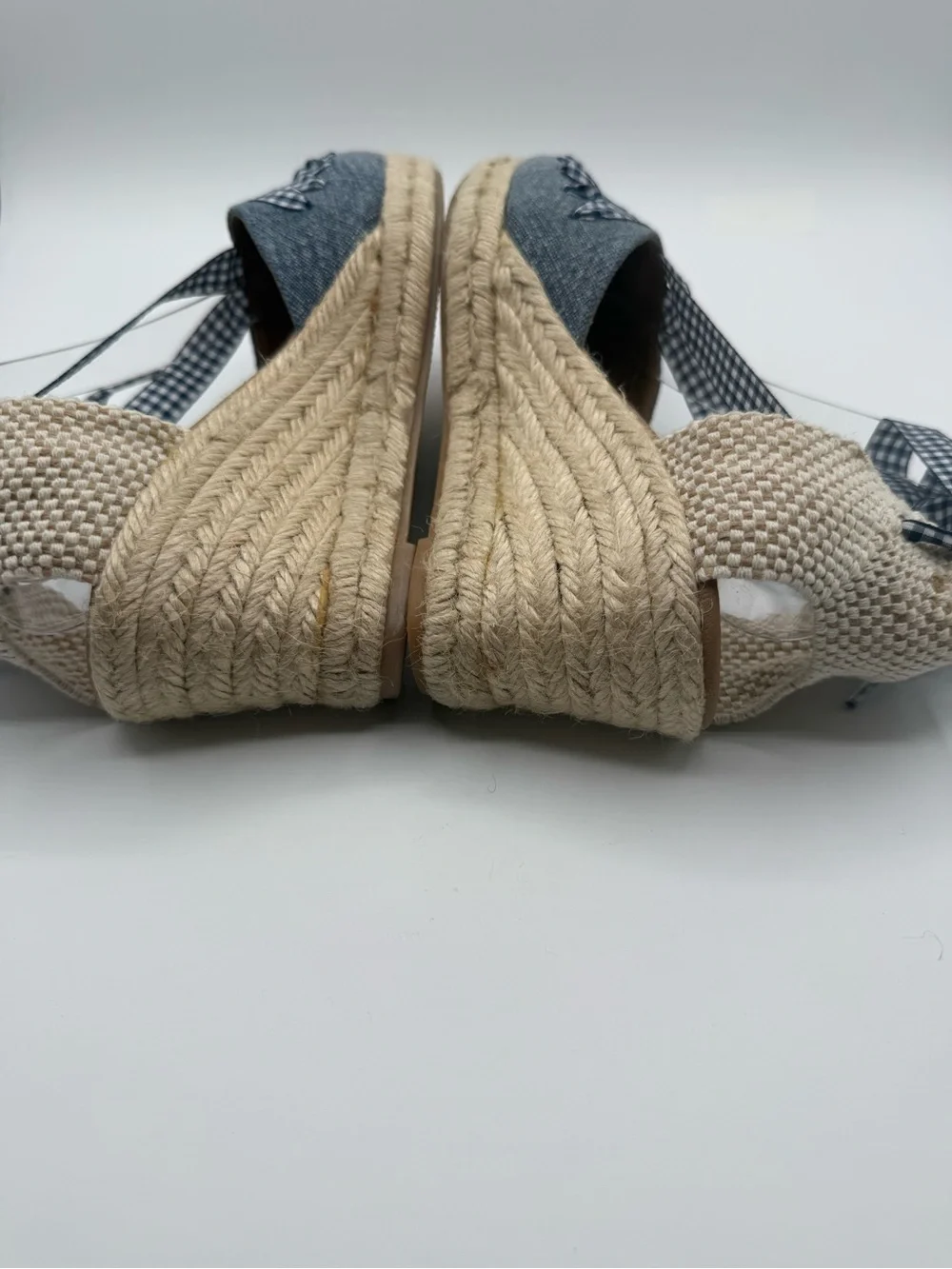 Paseart Denim Espadrille Wedge Sandals Blue Gingham Lace-Up Ankle Tie Platform